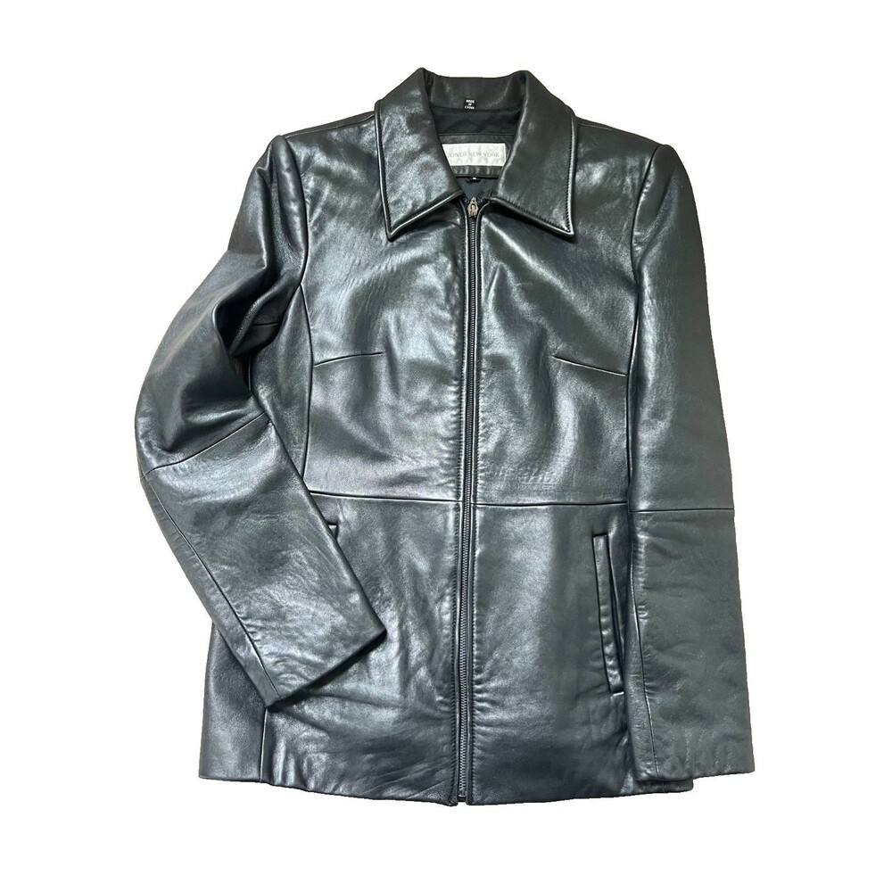 Jones New York Jacket Womens Medium Black Genuine Leather Zip Front Collared Vtg - Picture 10 of 16